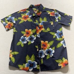 In Gear Hawaiian Shirt Men's Large Floral Aloha Button Up Navy Blue Cotton